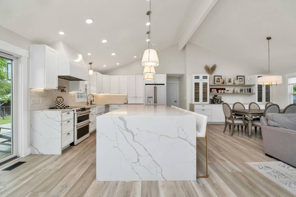 kitchen white marble island 